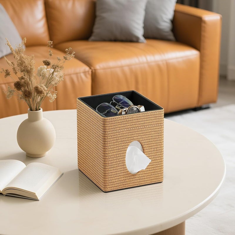 Cretkhp Tissue Box Cover, PU Leather Square Tissue Box Holder with Storage Tray for Bathroom Vanity Countertop Night Stands Bedroom Office Desk, Stylish Tissue Holder Decorative Organizer (Yellow Rattan) - Image 2